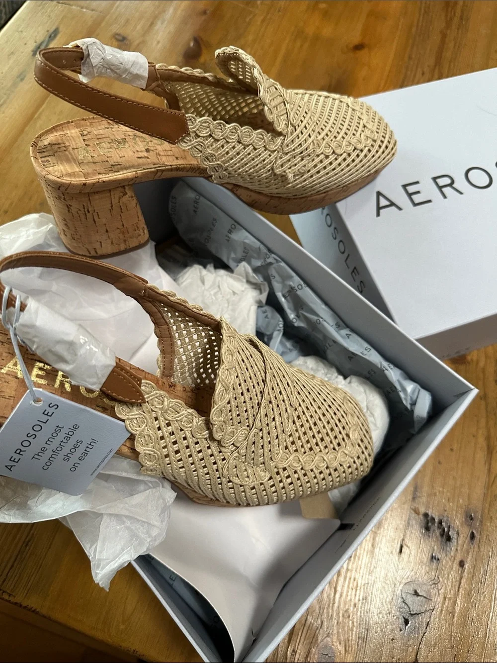 AEROSOLES Beige Woven Slingback Cork Block Heel - Picture 2 of 8